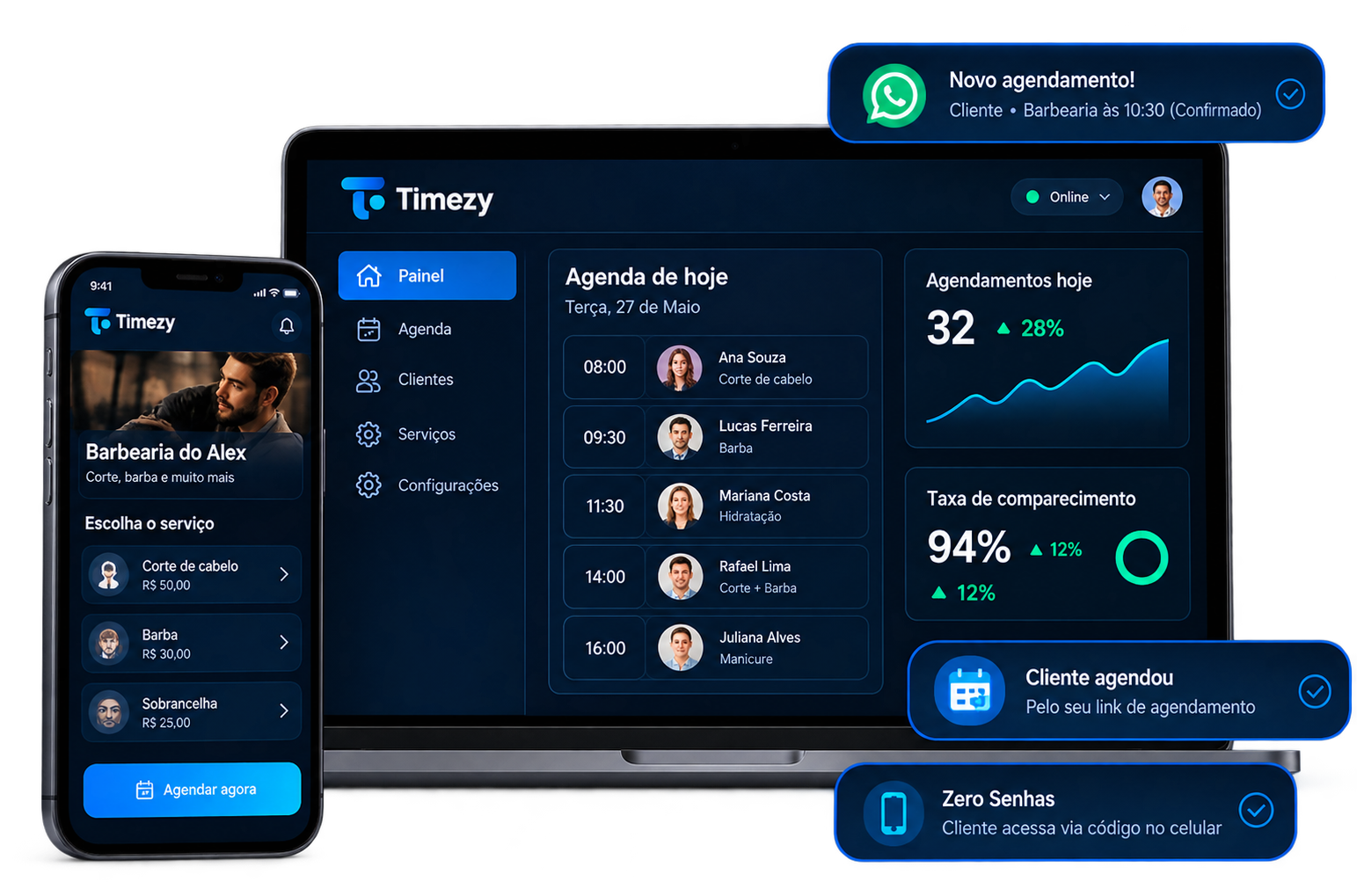 Plataforma de Agendamento Timezy em Computador e Celular