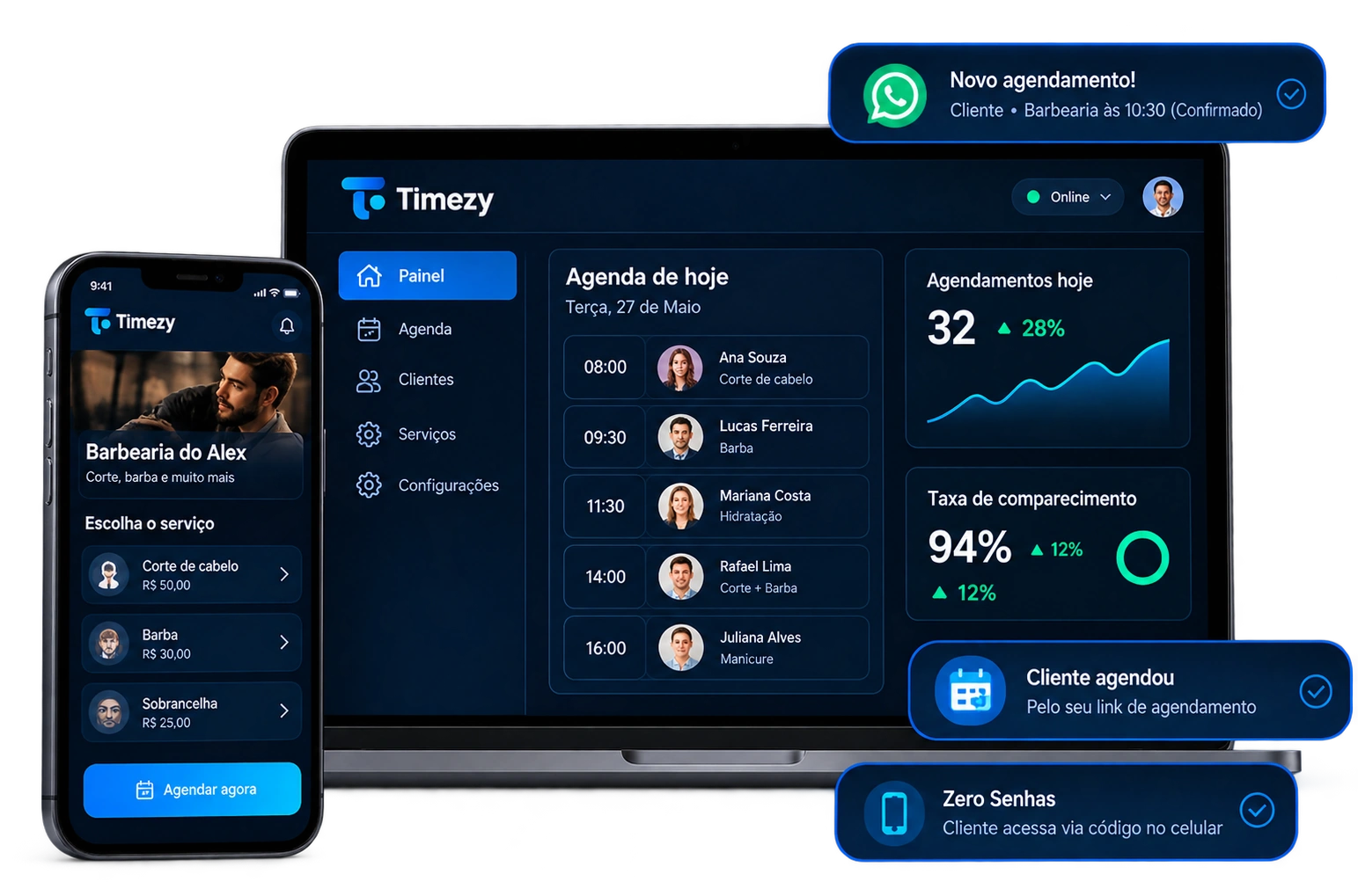 Plataforma de Agendamento Timezy em Computador e Celular