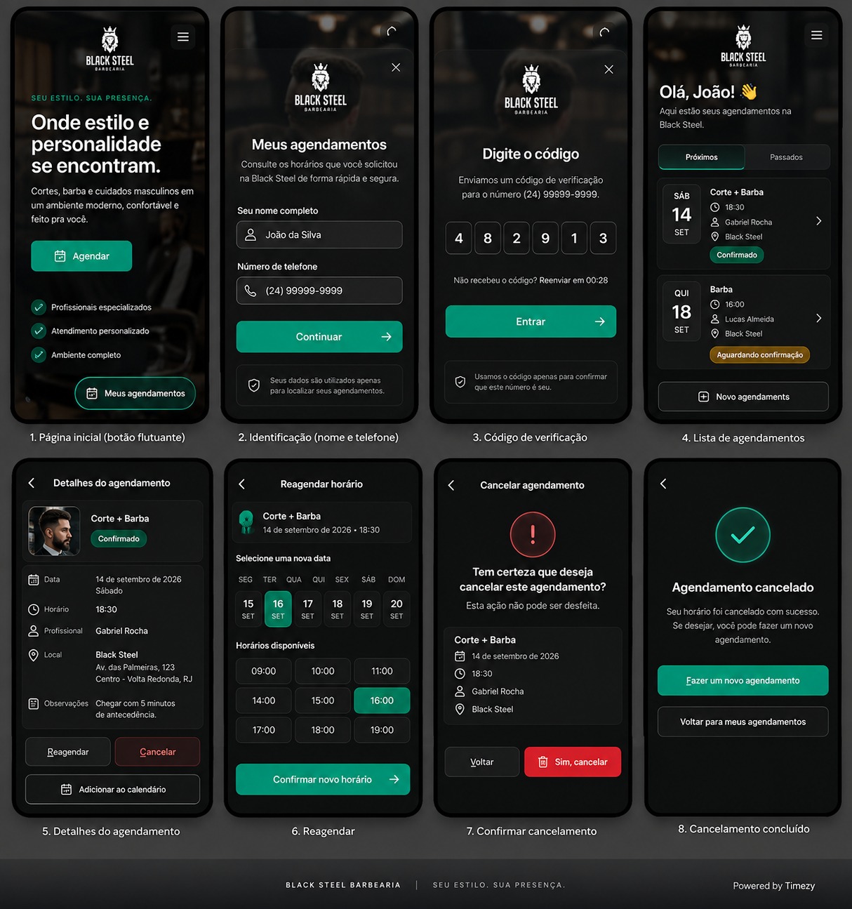 Telas reais do Timezy - Gestão e Agendamento